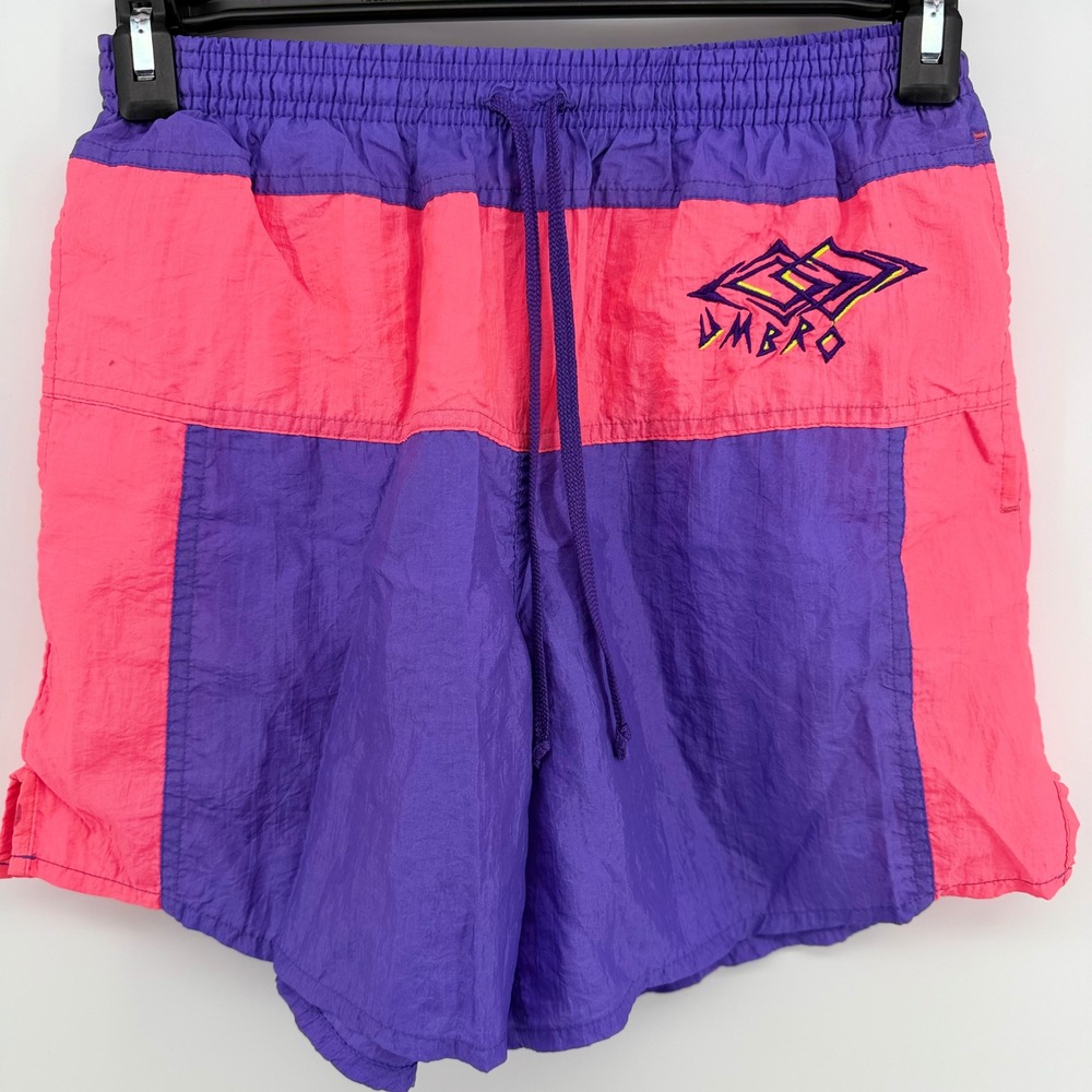 Vintage Umbro Made USA Neon Purple Pink Soccer Nylon Shorts Mens S 90s Retro